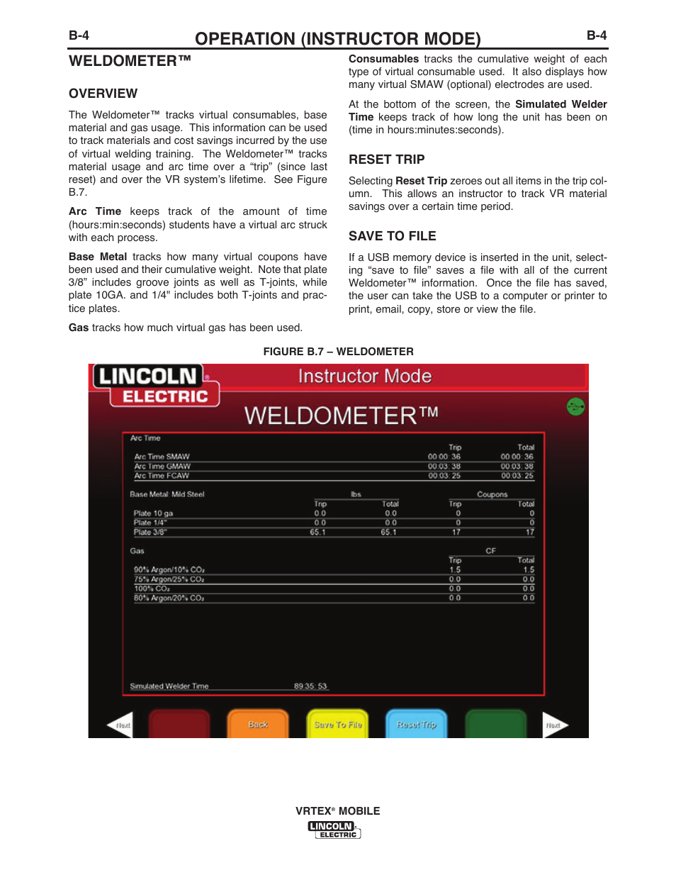 Operation (instructor mode), Weldometer | Lincoln Electric IM10136 VRTEX MOBILE User Manual | Page 23 / 53