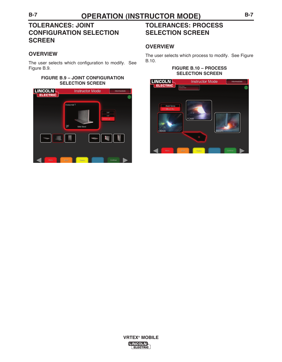 Operation (instructor mode), Tolerances: joint configuration selection screen, Tolerances: process selection screen | Lincoln Electric IM10136 VRTEX MOBILE User Manual | Page 26 / 53