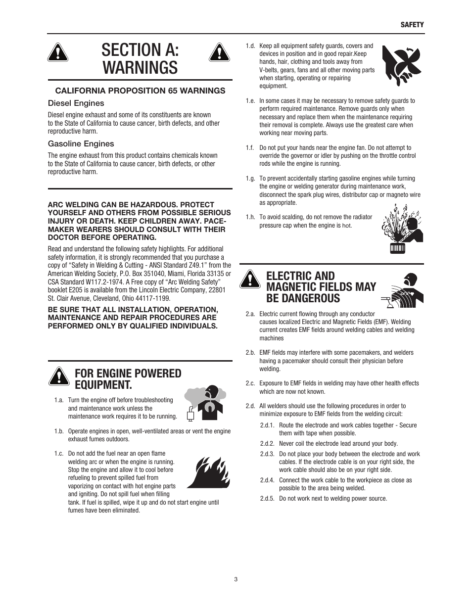 For engine powered equipment, Electric and magnetic fields may be dangerous | Lincoln Electric IM10136 VRTEX MOBILE User Manual | Page 3 / 53