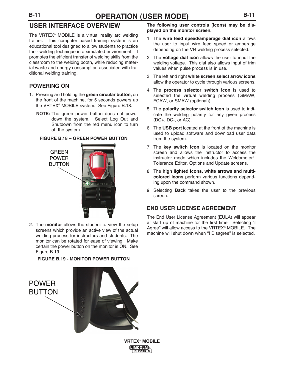 Operation (user mode), Power button, User interface overview | Lincoln Electric IM10136 VRTEX MOBILE User Manual | Page 30 / 53