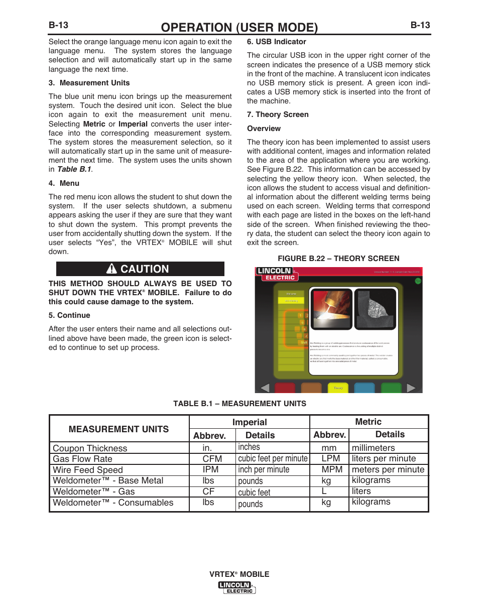 Operation (user mode), Caution | Lincoln Electric IM10136 VRTEX MOBILE User Manual | Page 32 / 53