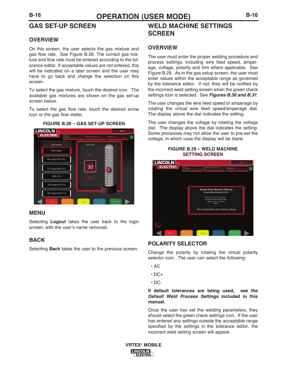 Operation (user mode), Gas set-up screen, Weld machine settings screen | Lincoln Electric IM10136 VRTEX MOBILE User Manual | Page 35 / 53