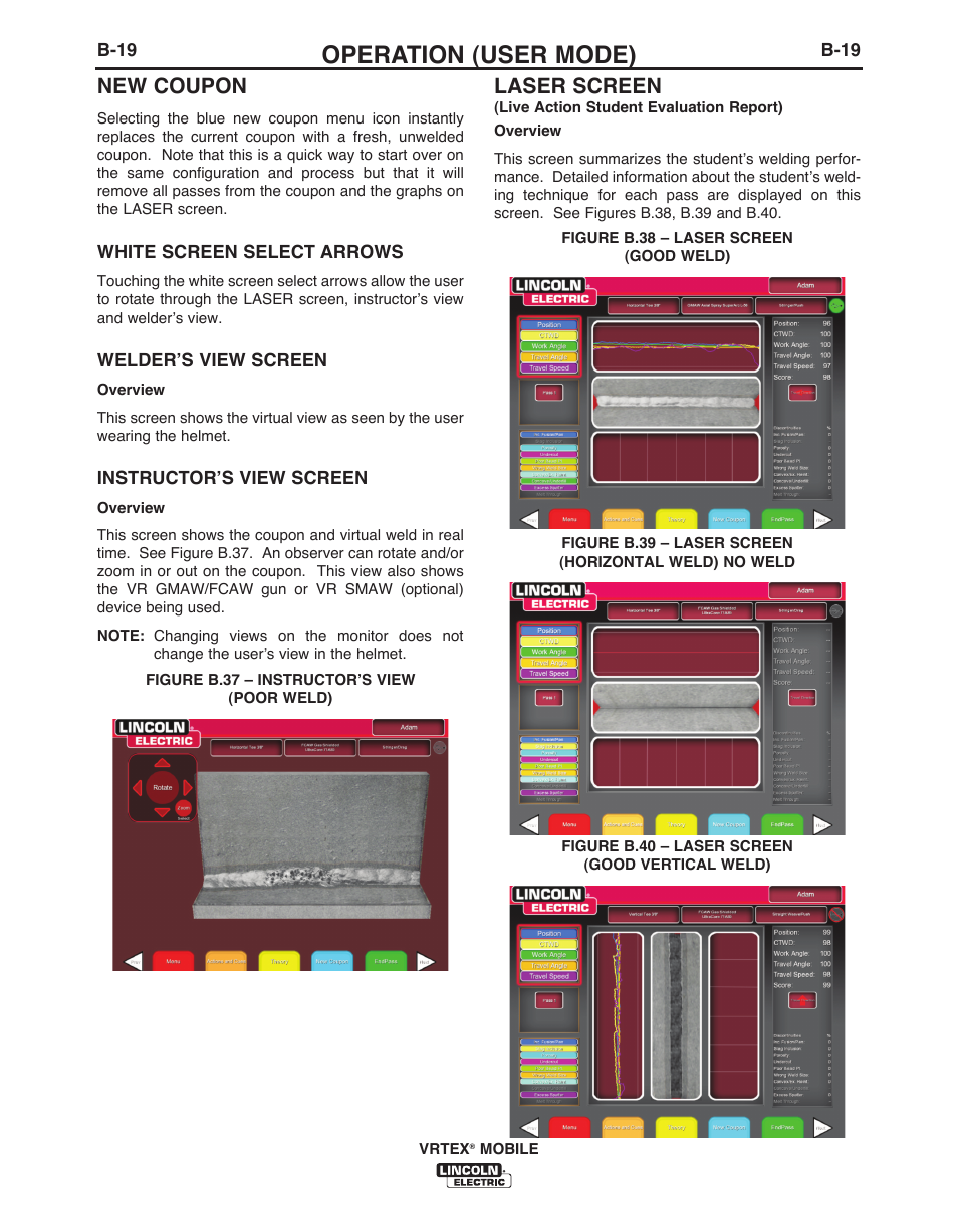 Operation (user mode), New coupon, Laser screen | Lincoln Electric IM10136 VRTEX MOBILE User Manual | Page 38 / 53