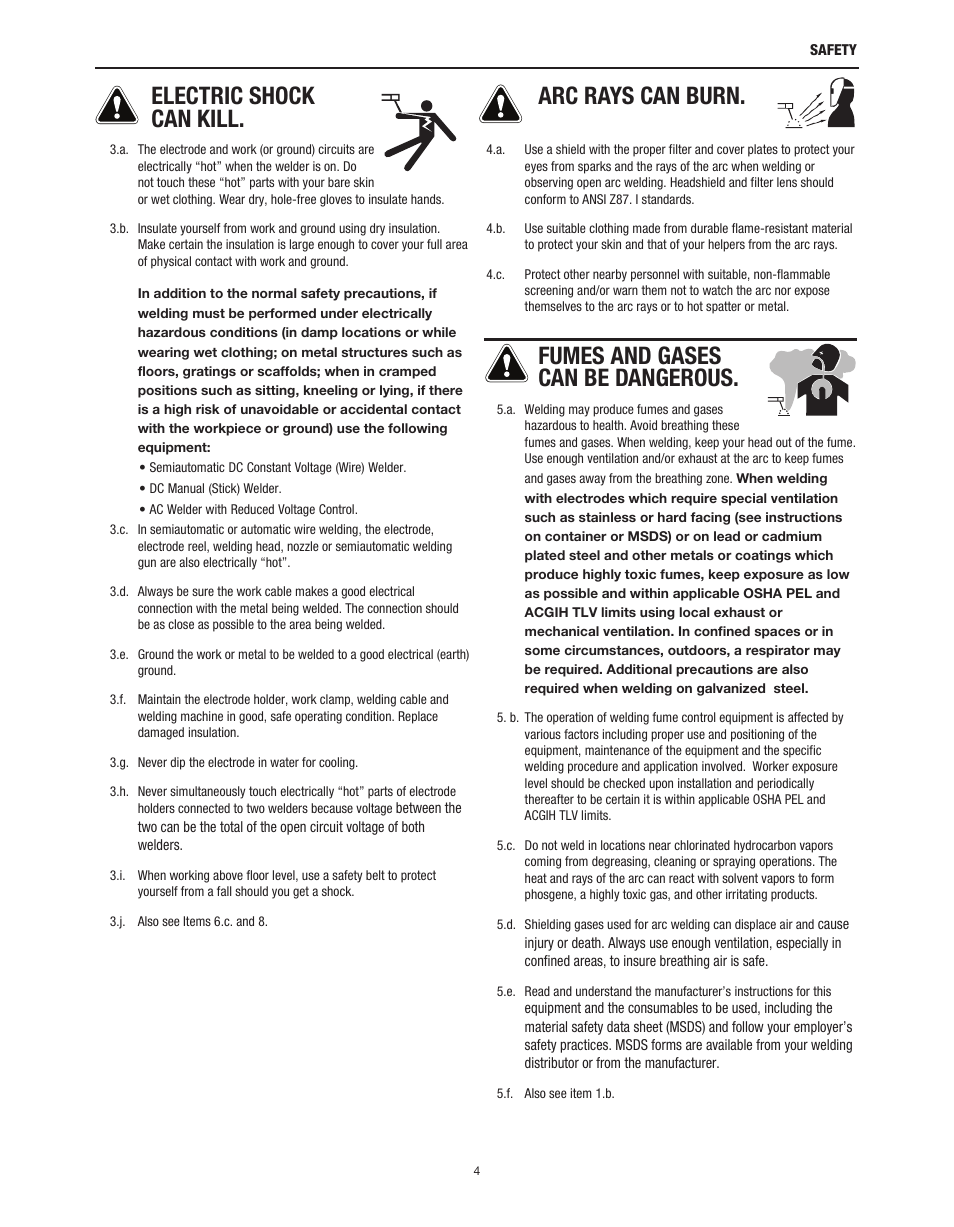 Electric shock can kill, Arc rays can burn, Fumes and gases can be dangerous | Lincoln Electric IM10136 VRTEX MOBILE User Manual | Page 4 / 53