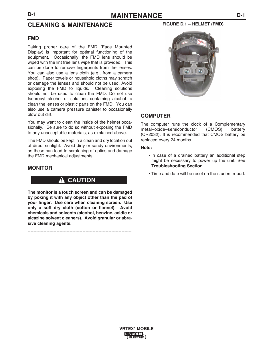 Maintenance, Cleaning & maintenance, Caution | Lincoln Electric IM10136 VRTEX MOBILE User Manual | Page 44 / 53