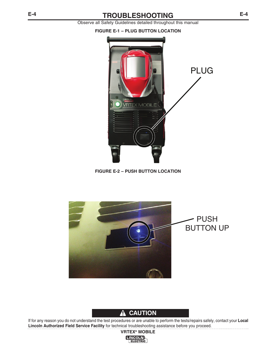 Plug, Push button up, Troubleshooting | Lincoln Electric IM10136 VRTEX MOBILE User Manual | Page 48 / 53