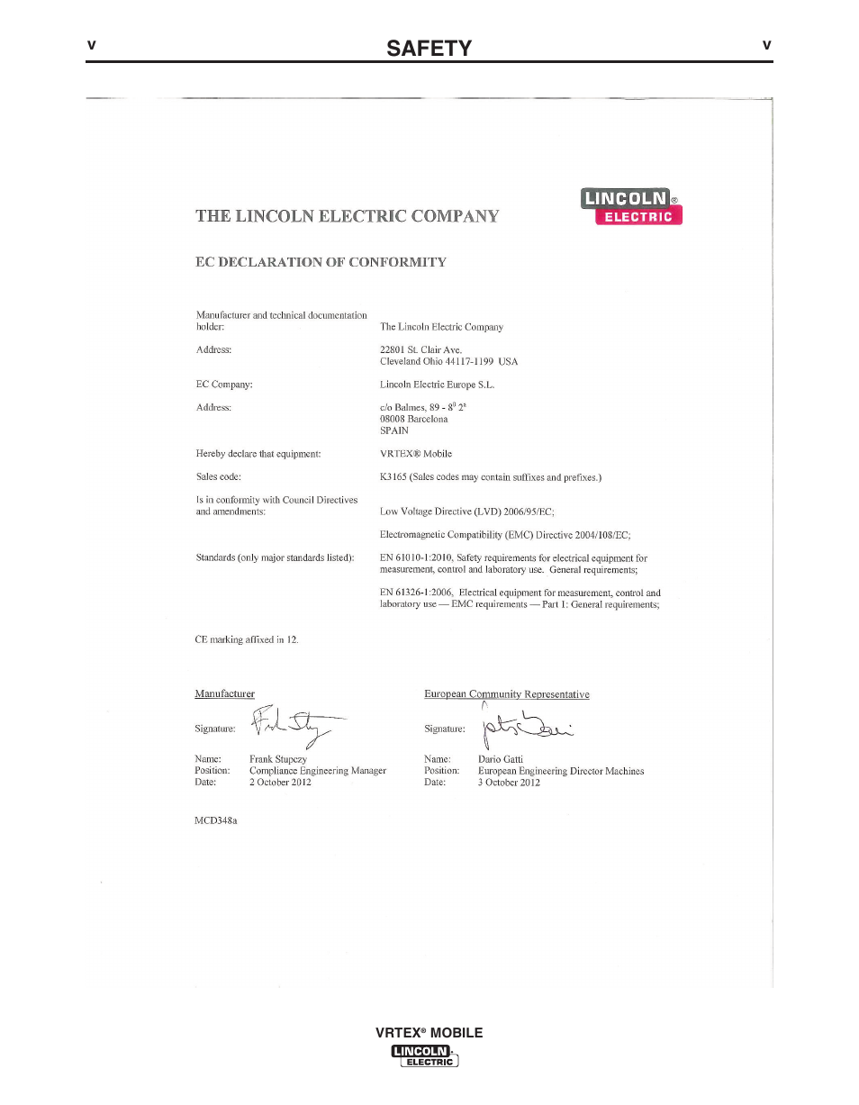 Safety | Lincoln Electric IM10136 VRTEX MOBILE User Manual | Page 6 / 53