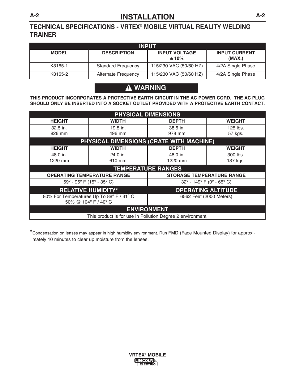 Installation, Technical specifications - vrtex, Mobile virtual reality welding trainer warning | Lincoln Electric IM10136 VRTEX MOBILE User Manual | Page 9 / 53