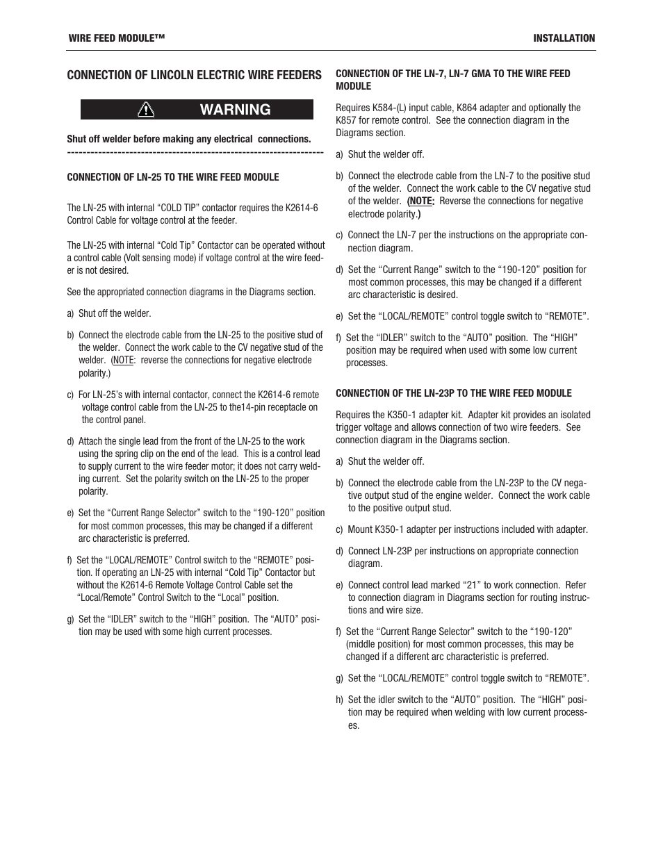 Warning | Lincoln Electric IM10171 WIRE FEED MODULE User Manual | Page 16 / 36