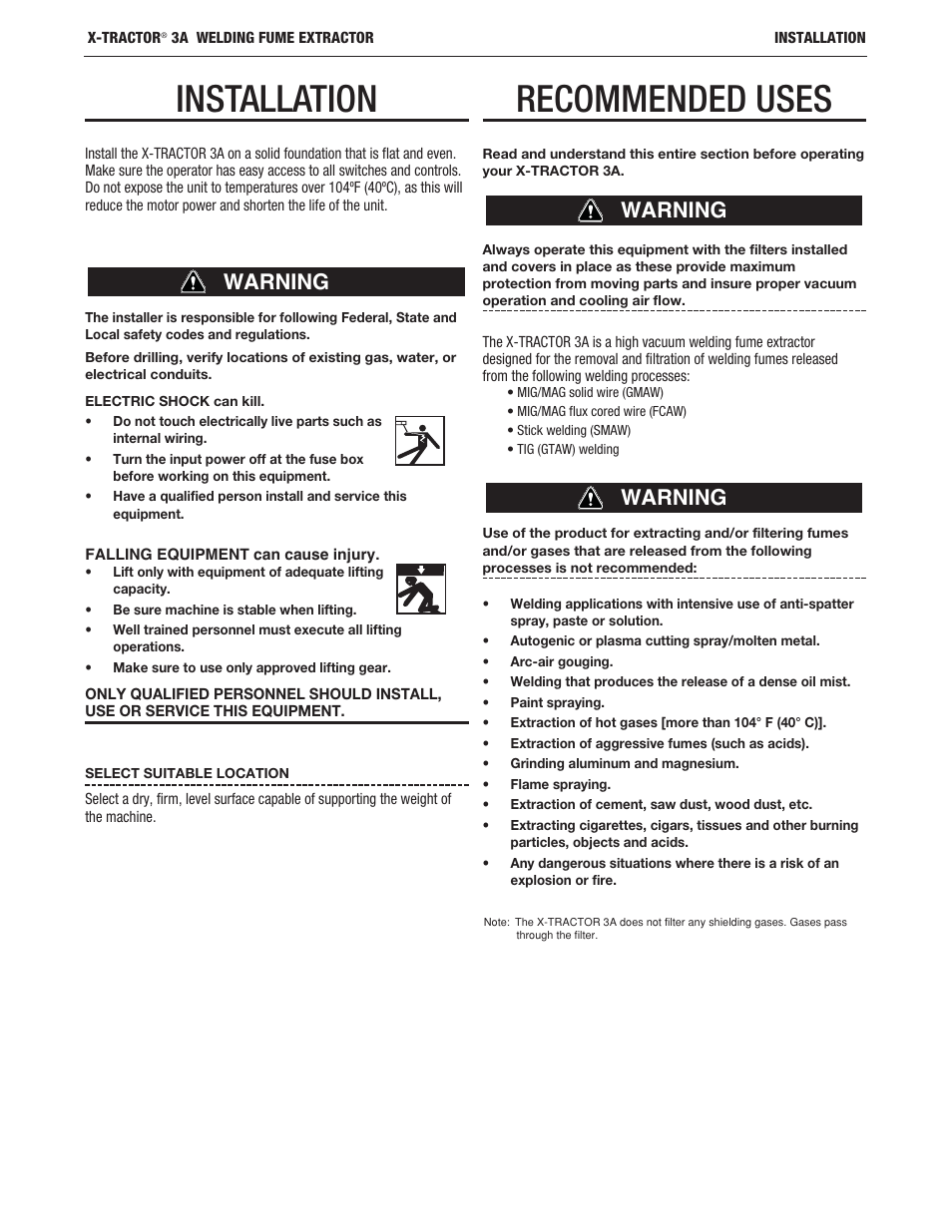 Installation, Recommended uses, Warning | Lincoln Electric IM10159 X-TRACTOR 3A User Manual | Page 10 / 28