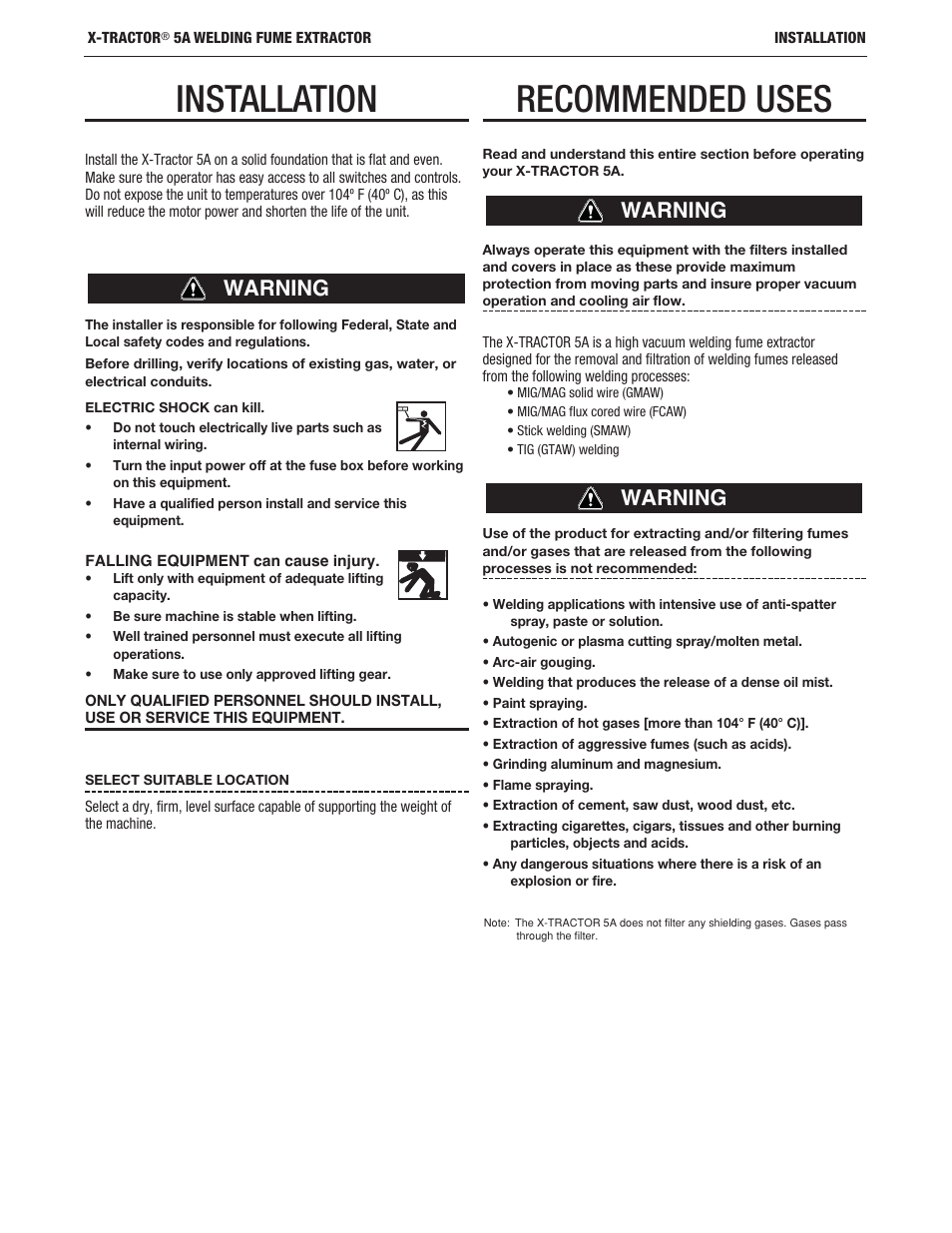 Installation, Recommended uses, Warning | Lincoln Electric IM10160 X-TRACTOR 5A User Manual | Page 10 / 28