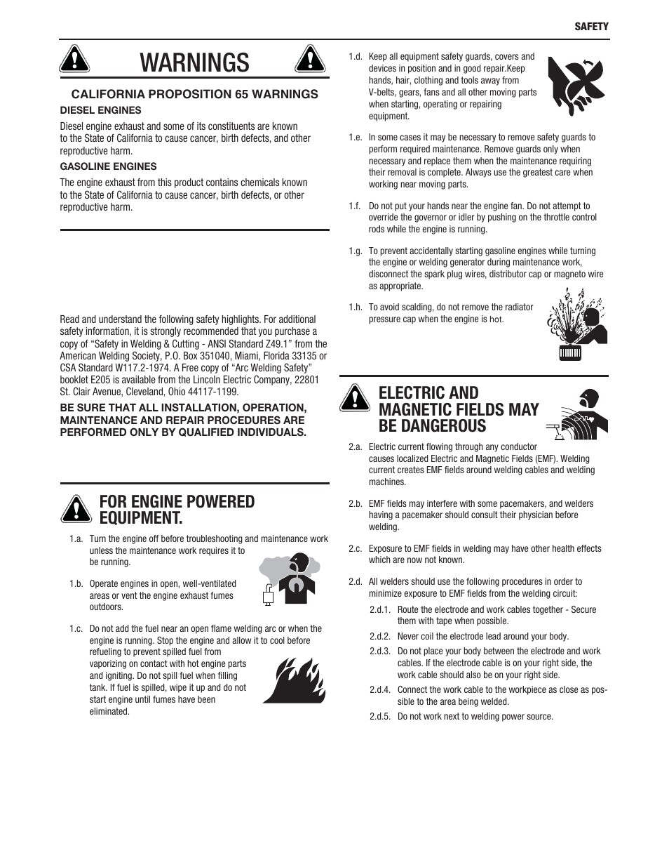 Warnings, For engine powered equipment, Electric and magnetic fields may be dangerous | Lincoln Electric IM10160 X-TRACTOR 5A User Manual | Page 3 / 28