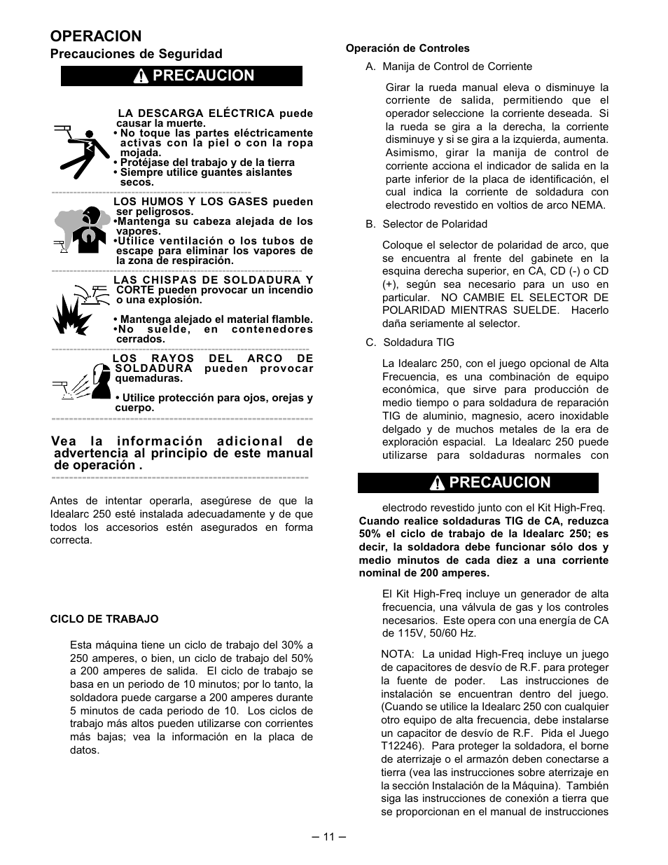 Operacion, Precaucion | Lincoln Electric IM402 IDEALARC AC_DC 250 User Manual | Page 12 / 23