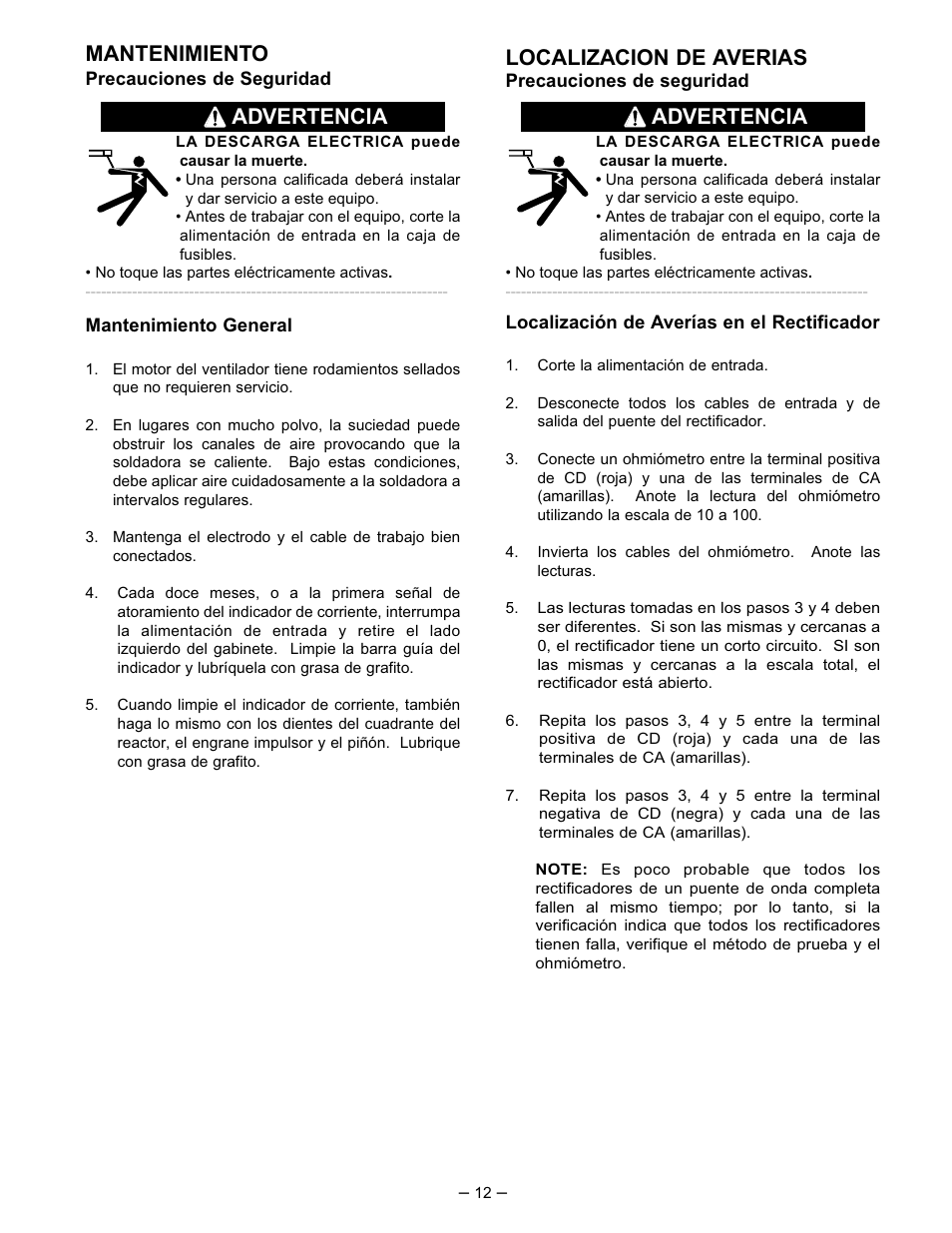 Mantenimiento, Localizacion de averias, Advertencia | Lincoln Electric IM402 IDEALARC AC_DC 250 User Manual | Page 13 / 23