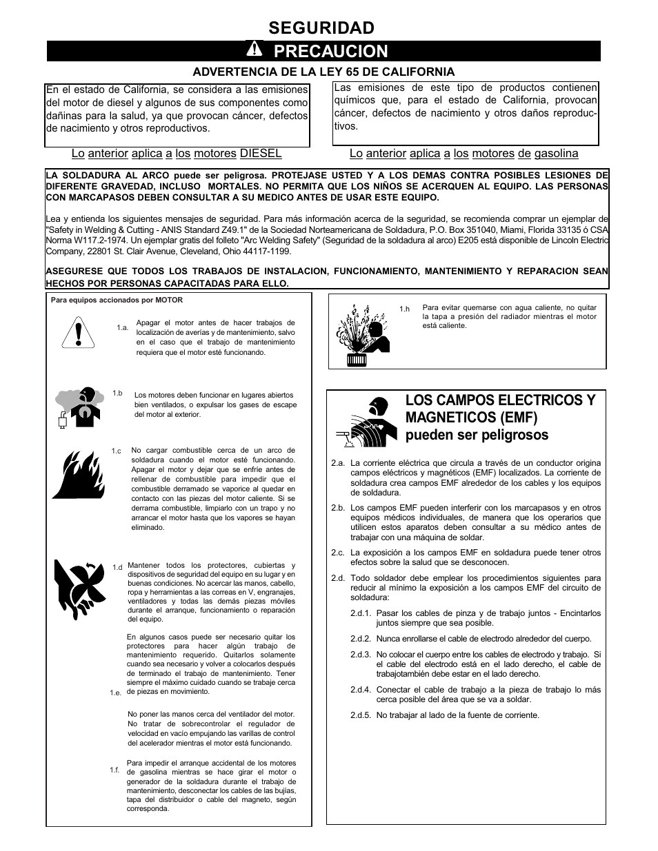 Seguridad precaucion | Lincoln Electric IM402 IDEALARC AC_DC 250 User Manual | Page 2 / 23