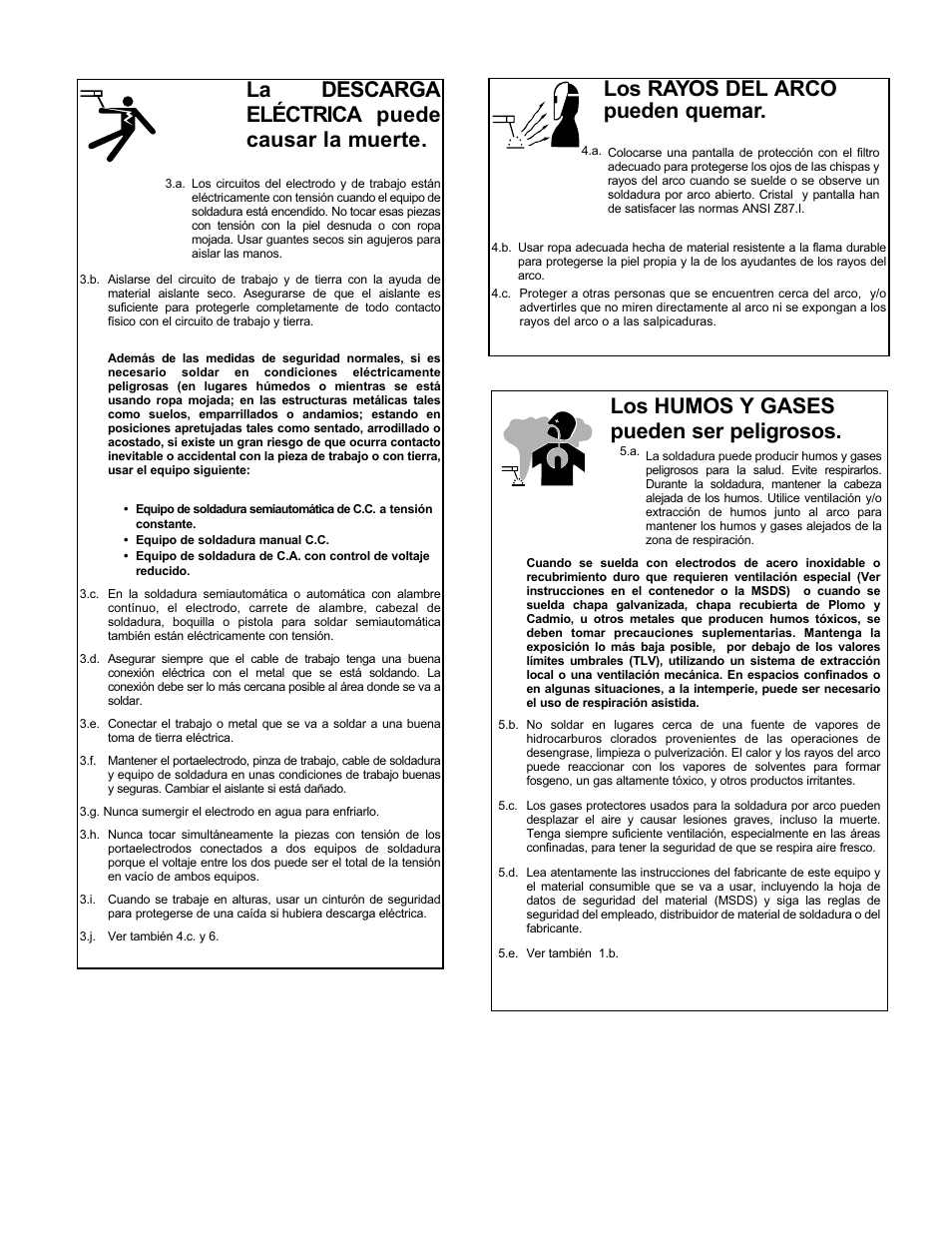 La descarga eléctrica puede causar la muerte, Los rayos del arco pueden quemar, Los humos y gases pueden ser peligrosos | Lincoln Electric IM402 IDEALARC AC_DC 250 User Manual | Page 3 / 23