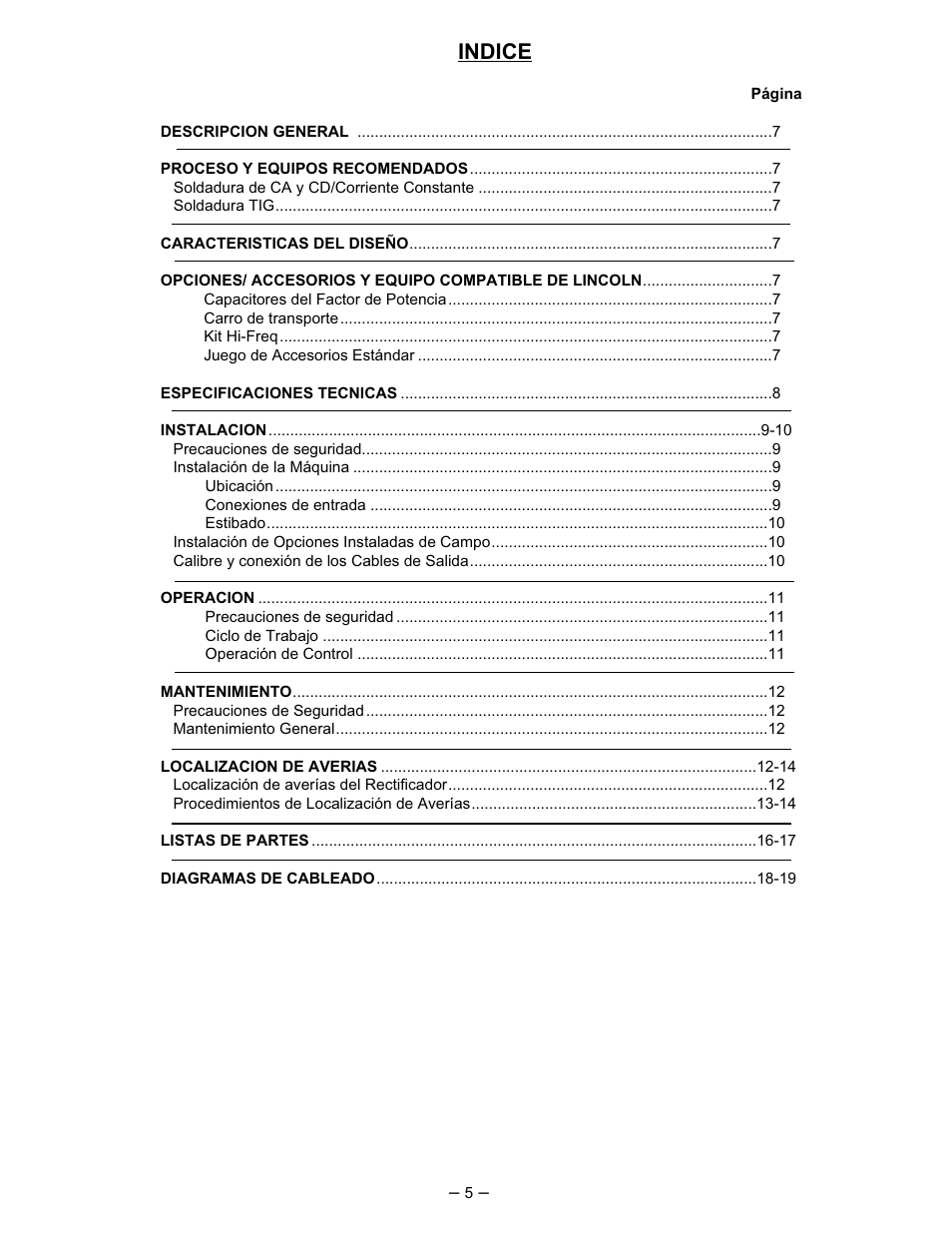 Indice | Lincoln Electric IM402 IDEALARC AC_DC 250 User Manual | Page 6 / 23