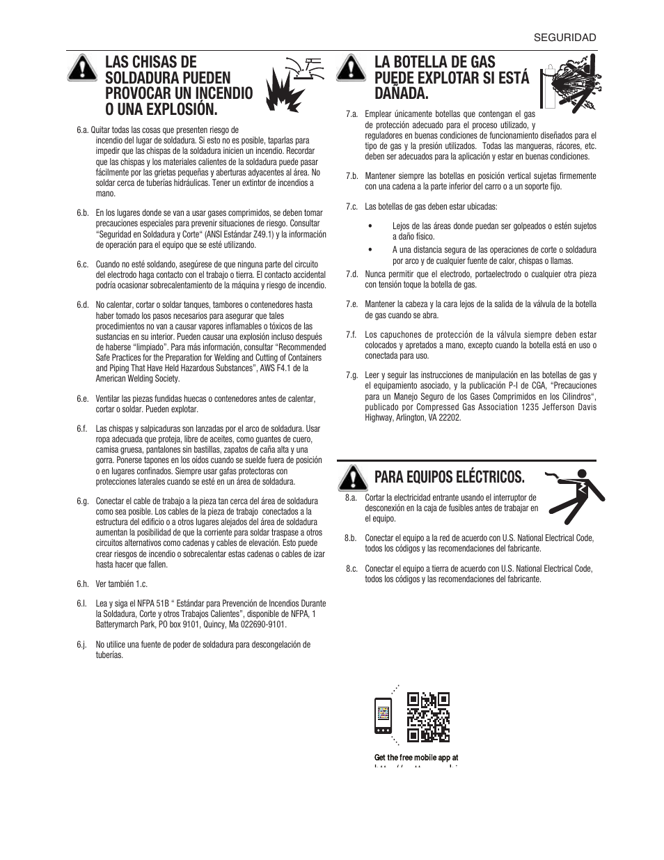 La botella de gas puede explotar si está dañada, Para equipos eléctricos | Lincoln Electric IMT237 AC_DC 225_125 User Manual | Page 27 / 68