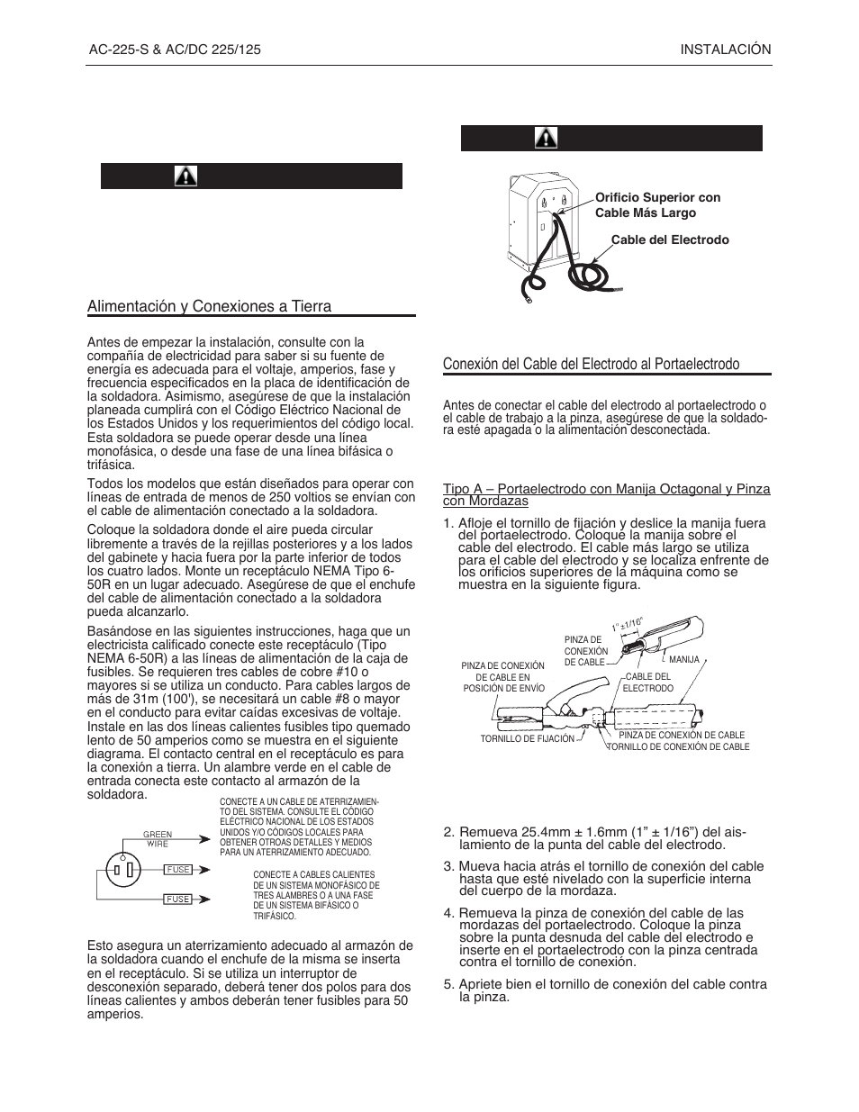 Instrucciones de operación, Advertencia | Lincoln Electric IMT237 AC_DC 225_125 User Manual | Page 29 / 68