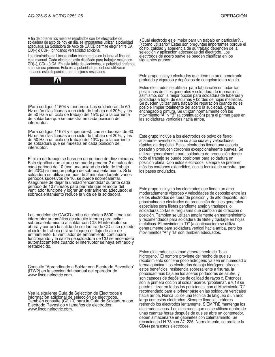 Precaución | Lincoln Electric IMT237 AC_DC 225_125 User Manual | Page 31 / 68