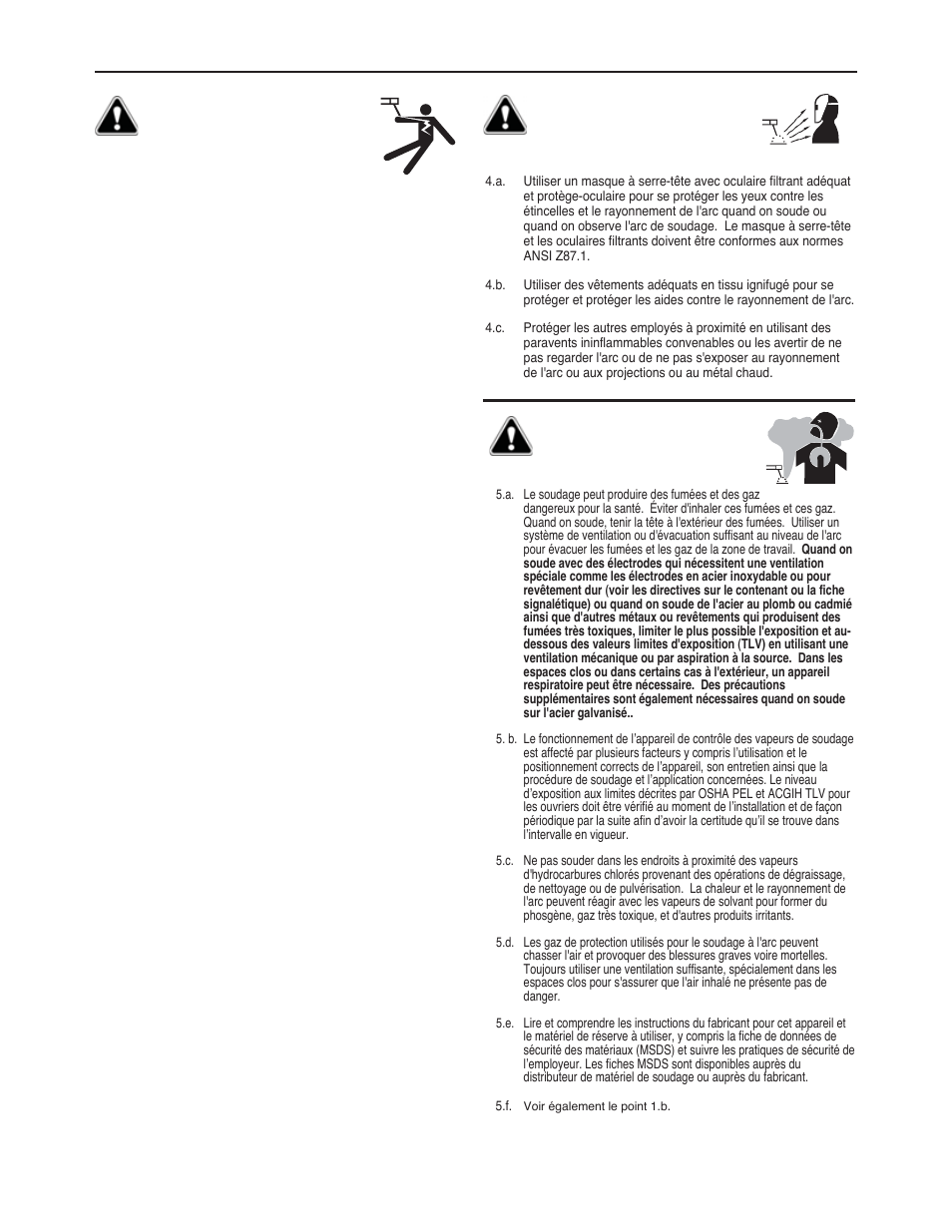 Les chocs électiques peuvent être mortels, Le rayonnement de l’arc peut brûler, Les fumées et les gaz peuvent être dangereux | Lincoln Electric IMT237 AC_DC 225_125 User Manual | Page 48 / 68
