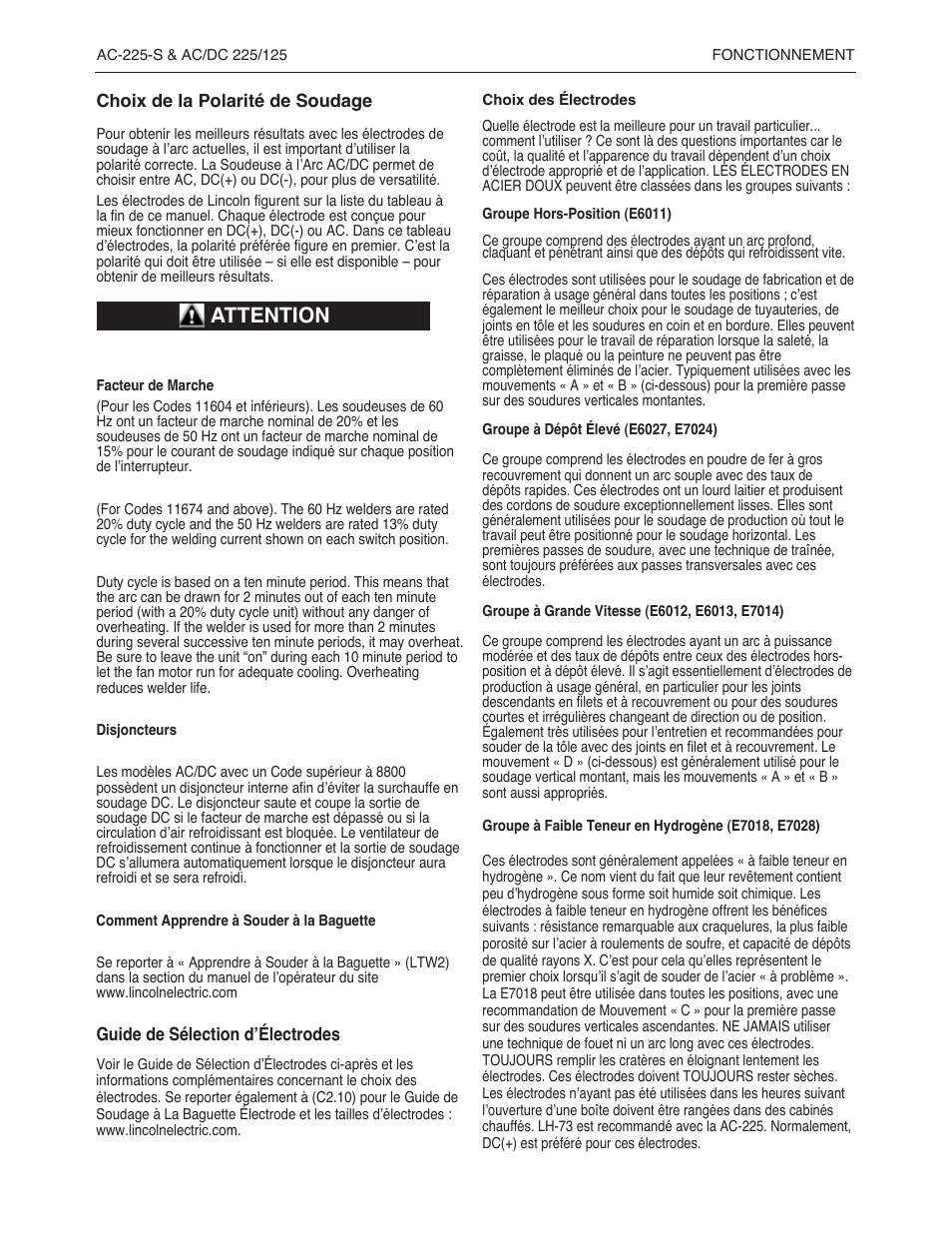 Attention | Lincoln Electric IMT237 AC_DC 225_125 User Manual | Page 53 / 68