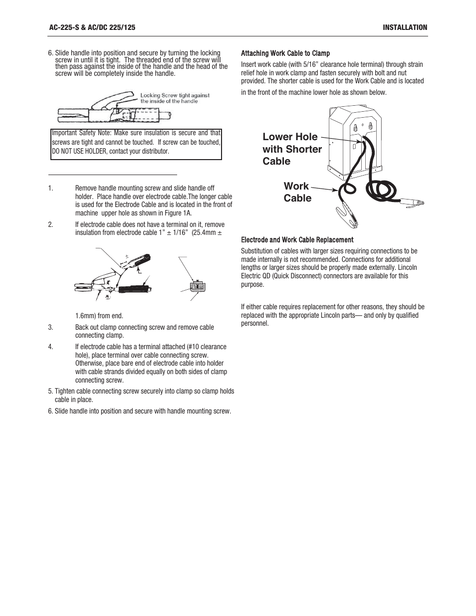 Work cable lower hole with shorter cable | Lincoln Electric IMT237 AC_DC 225_125 User Manual | Page 8 / 68