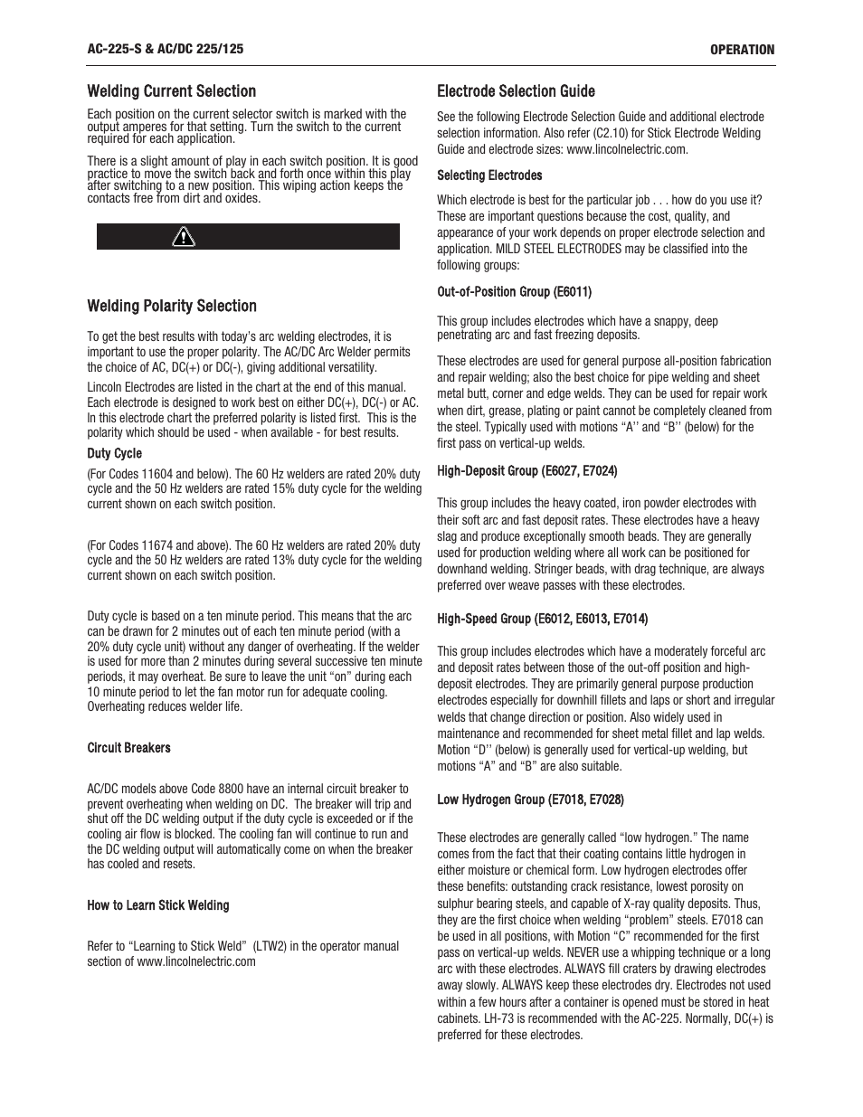 Caution | Lincoln Electric IMT237 AC_DC 225_125 User Manual | Page 9 / 68