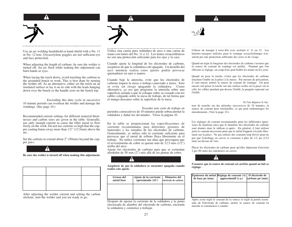 Warning, Advertencia | Lincoln Electric IMT545 AC-225 GLM User Manual | Page 27 / 40