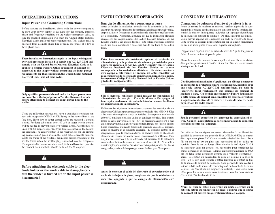 Operating instructions, Consignes d'utilisation, Instrucciones de operación | Lincoln Electric IMT545 AC-225 GLM User Manual | Page 7 / 40