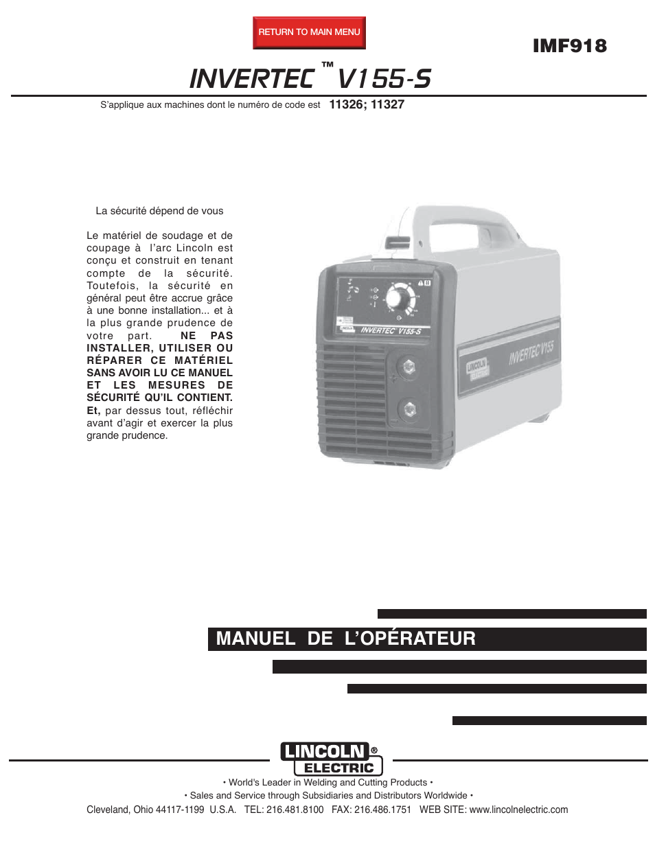 Lincoln Electric IM918 INVERTEC V155-S User Manual | 27 pages