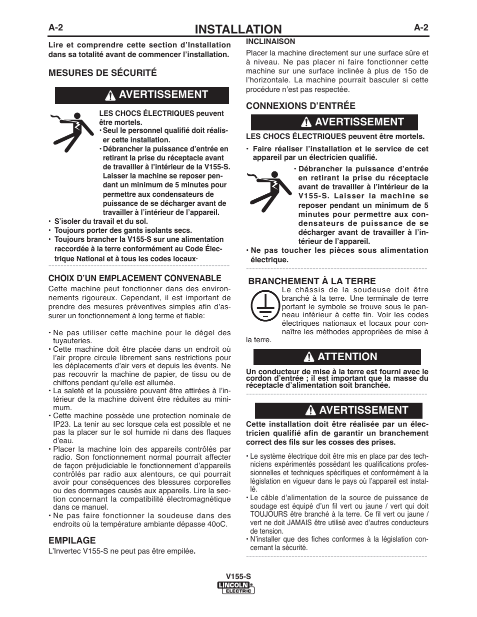 Installation, Avertissement, Avertissement attention avertissement | Lincoln Electric IM918 INVERTEC V155-S User Manual | Page 11 / 27