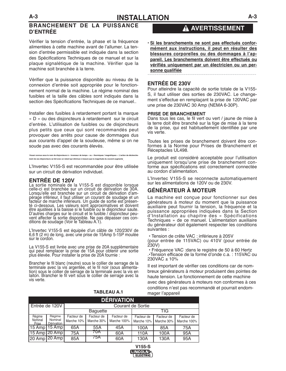 Installation, Avertissement, A-3 branchement de la puissance dʼentrée | Entrée de 120v, Entrée de 230v, Générateur à moteur, Dérivation | Lincoln Electric IM918 INVERTEC V155-S User Manual | Page 12 / 27