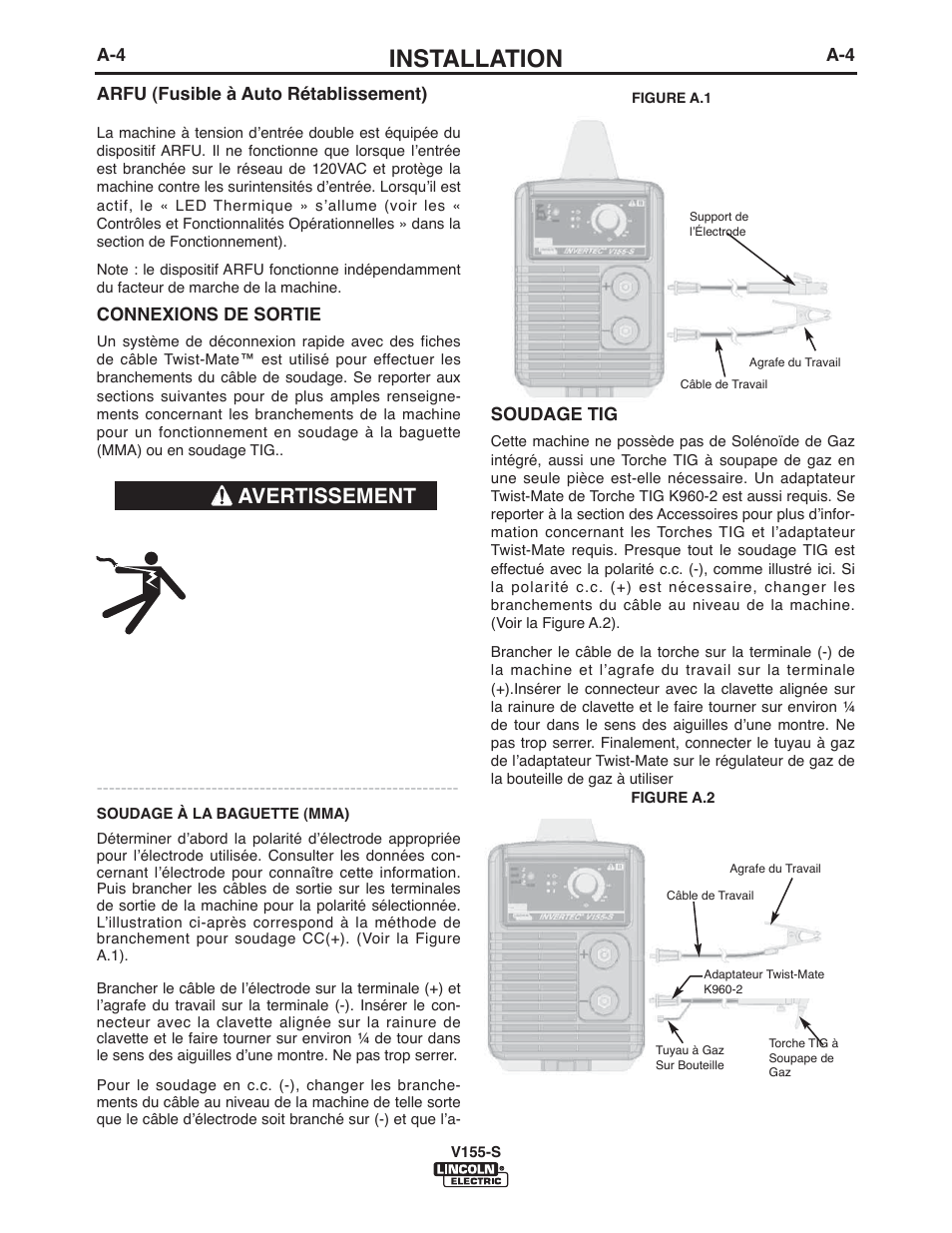 Installation, Avertissement | Lincoln Electric IM918 INVERTEC V155-S User Manual | Page 13 / 27