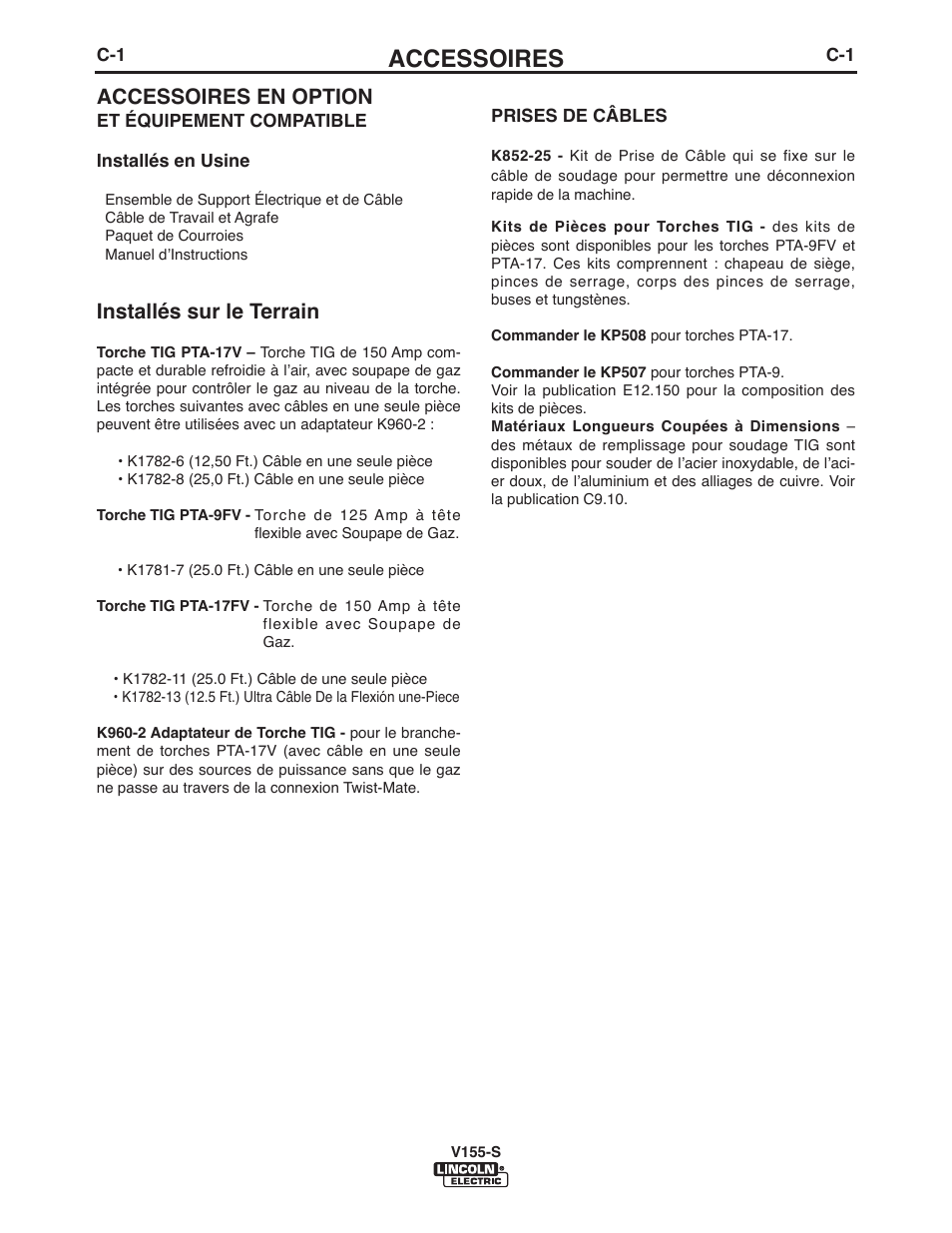 Accessoires, Accessoires en option, Installés sur le terrain | Lincoln Electric IM918 INVERTEC V155-S User Manual | Page 18 / 27