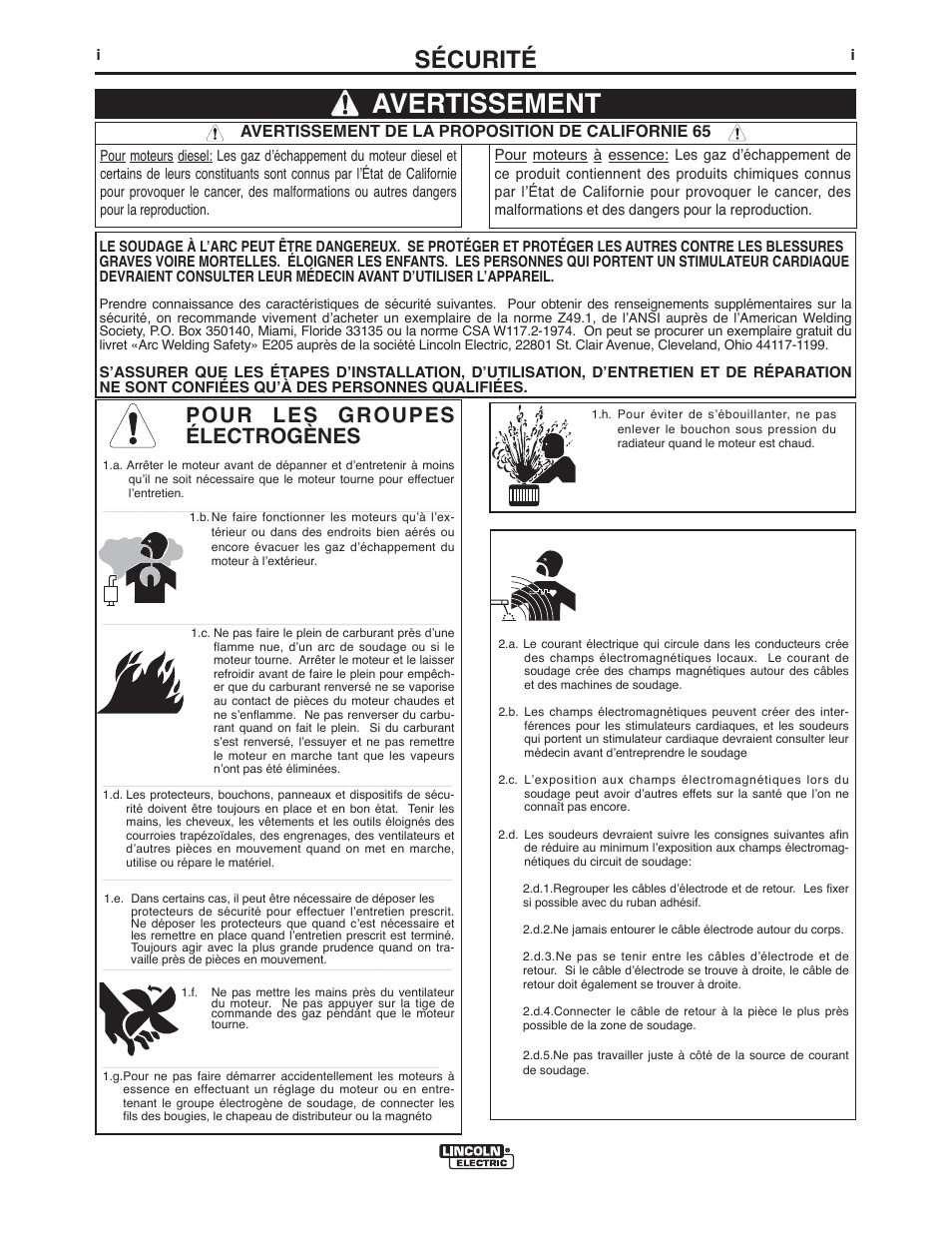 Avertissement, Sécurité, Pour les groupes électrogènes | Lincoln Electric IM918 INVERTEC V155-S User Manual | Page 2 / 27