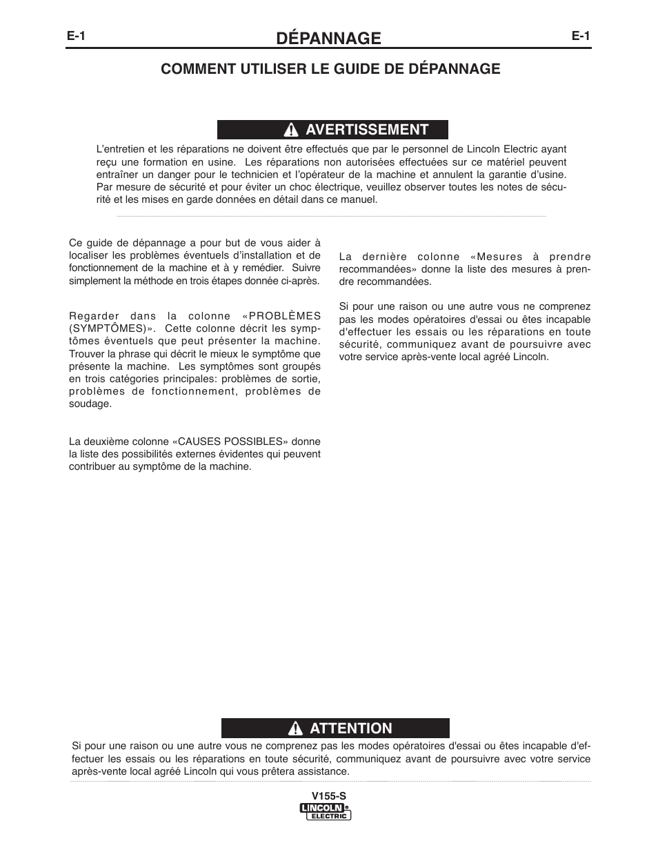 Dépannage, Attention, Comment utiliser le guide de dépannage | Avertissement | Lincoln Electric IM918 INVERTEC V155-S User Manual | Page 20 / 27