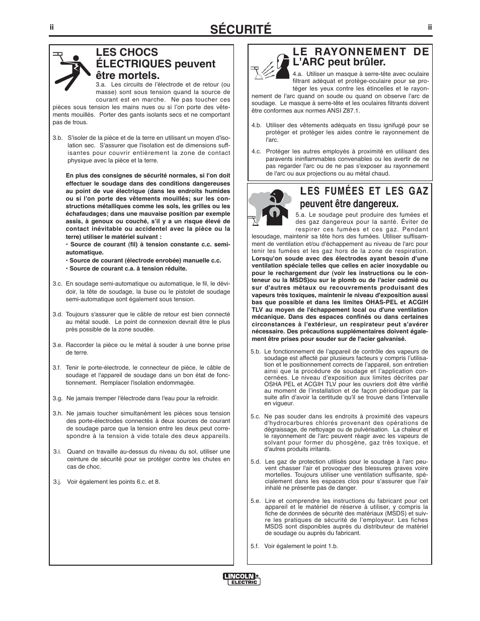 Sécurité, Le rayonnement de l'arc peut brûler, Les chocs électriques peuvent être mortels | Les fumées et les gaz peuvent être dangereux | Lincoln Electric IM918 INVERTEC V155-S User Manual | Page 3 / 27