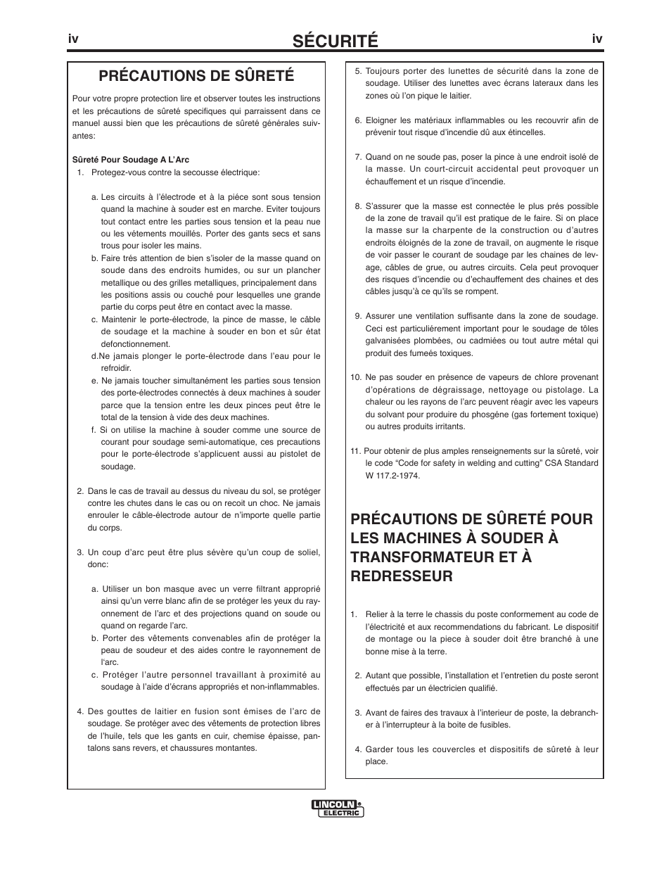 Sécurité, Précautions de sûreté | Lincoln Electric IM918 INVERTEC V155-S User Manual | Page 5 / 27