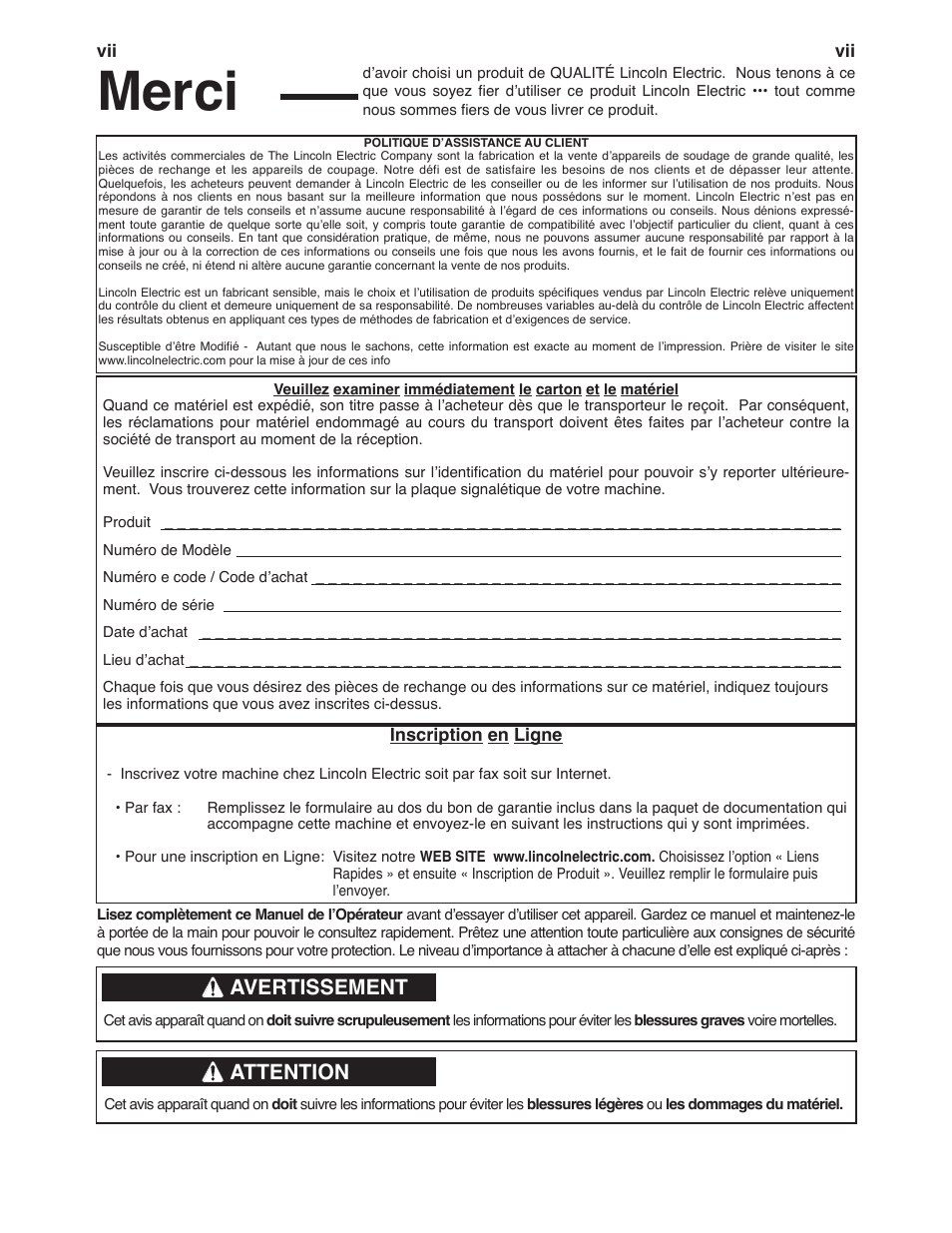 Merci, Avertissement, Attention | Lincoln Electric IM918 INVERTEC V155-S User Manual | Page 8 / 27