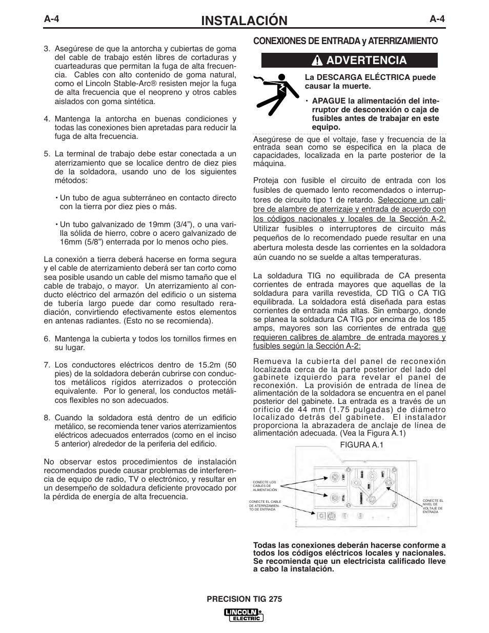 Instalación, Advertencia | Lincoln Electric IM702 PRECISION TIG 275 User Manual | Page 11 / 45