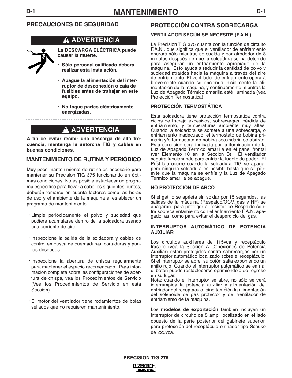 Mantenimiento, Advertencia | Lincoln Electric IM702 PRECISION TIG 275 User Manual | Page 29 / 45