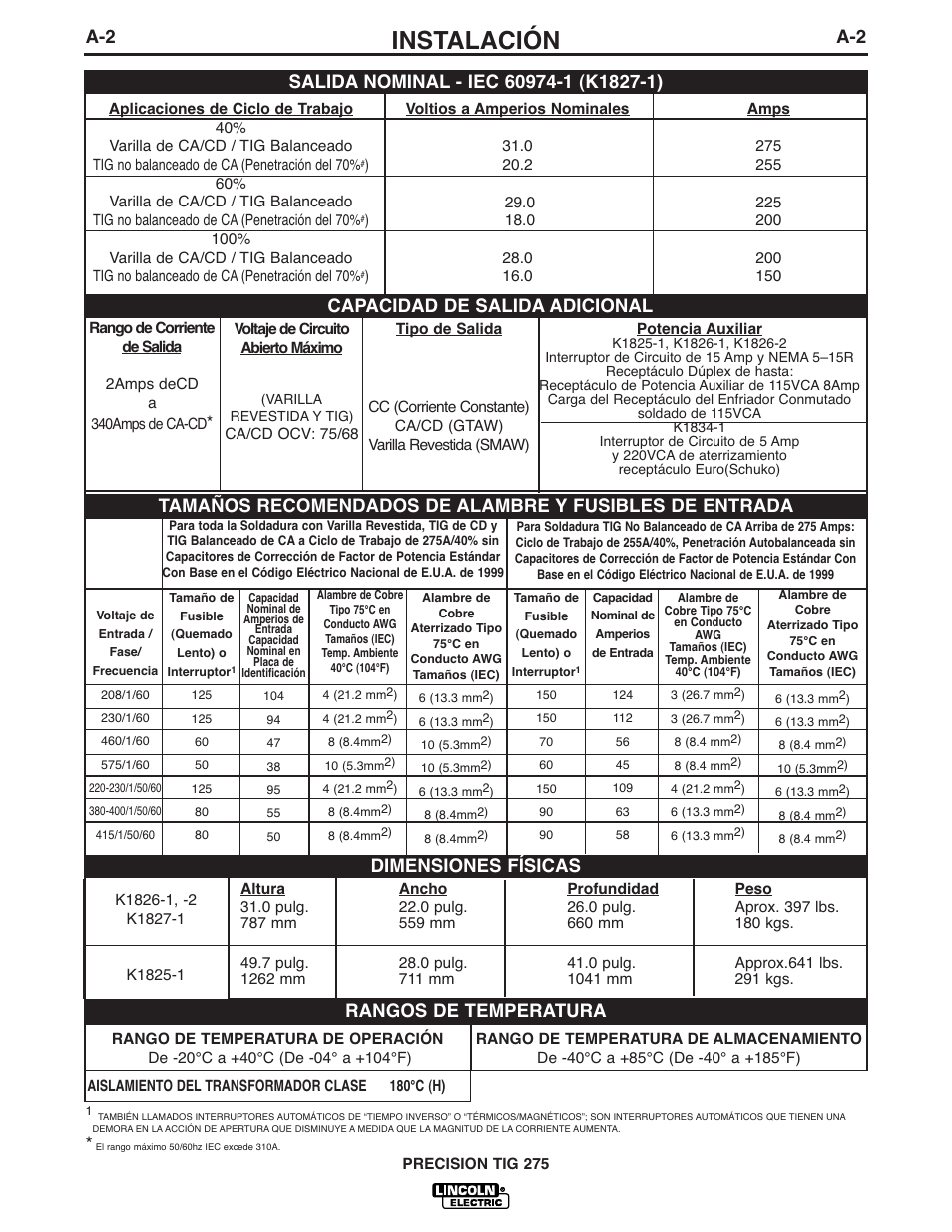 Instalación, A-2 capacidad de salida adicional, Dimensiones físicas | Rangos de temperatura | Lincoln Electric IM702 PRECISION TIG 275 User Manual | Page 9 / 45