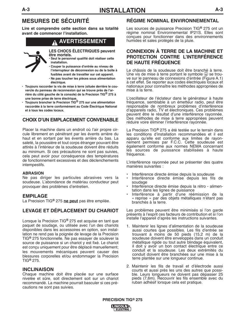 Installation, Mesures de sécurité, Avertissement | Lincoln Electric IM897 PRECISION TIG 275 User Manual | Page 10 / 48