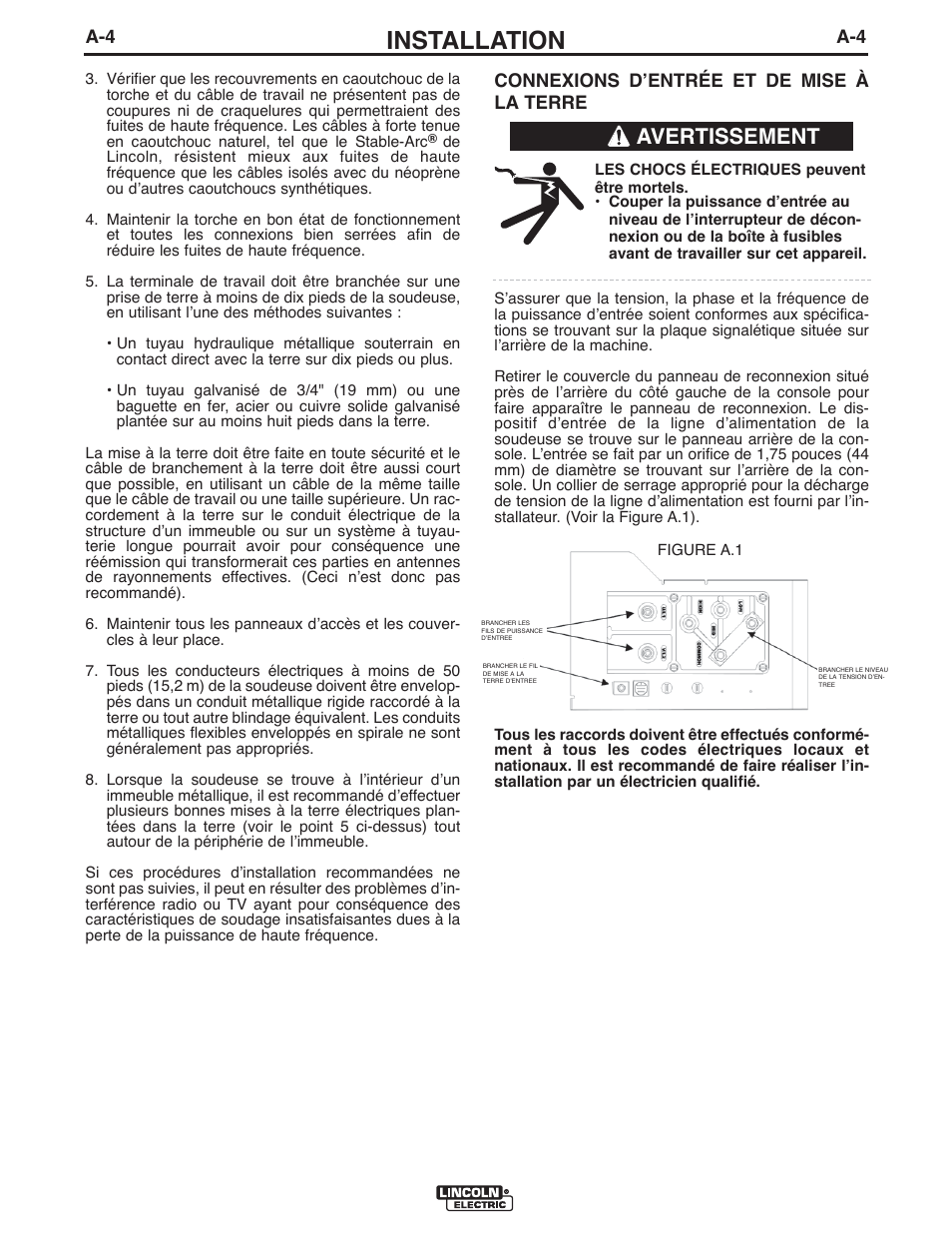 Installation, Avertissement | Lincoln Electric IM897 PRECISION TIG 275 User Manual | Page 11 / 48
