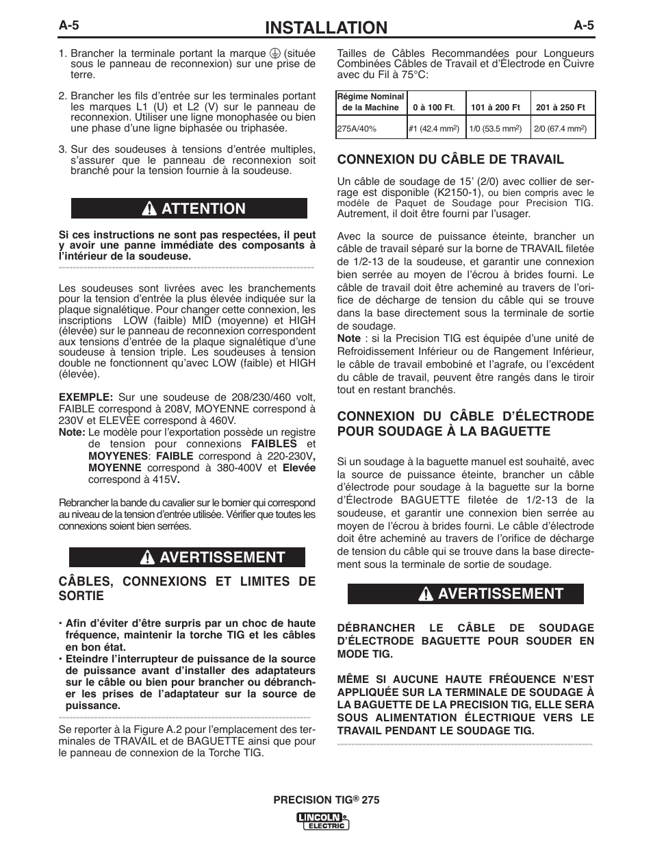 Installation, Avertissement, Avertissement attention | Lincoln Electric IM897 PRECISION TIG 275 User Manual | Page 12 / 48