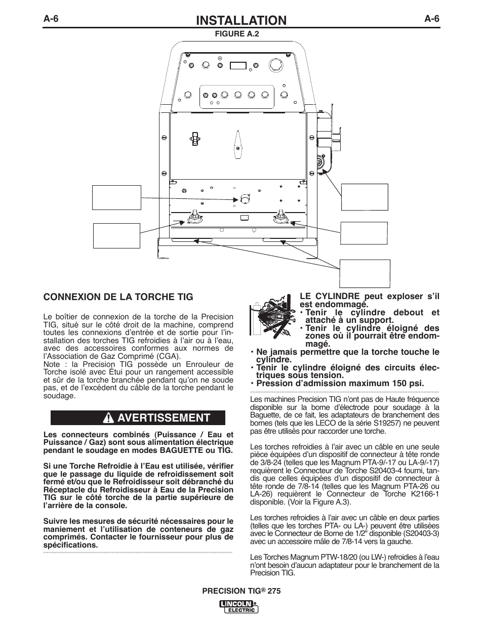 Installation, Avertissement, A-6 connexion de la torche tig | Lincoln Electric IM897 PRECISION TIG 275 User Manual | Page 13 / 48