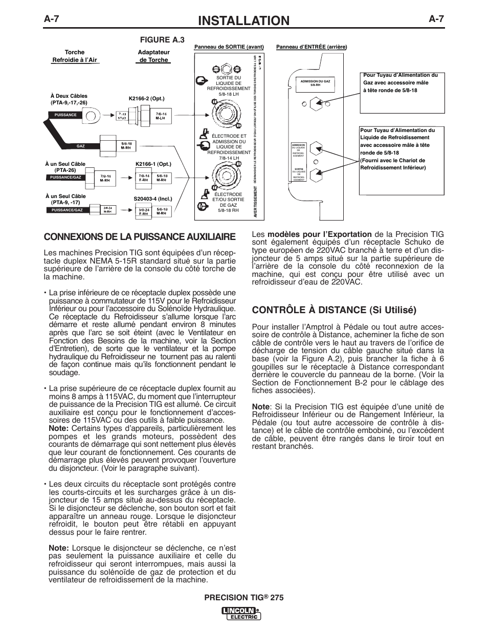 Installation, Connexions de la puissance auxiliaire, Contrôle à distance (si utilisé) | Precision tig, Figure a.3 | Lincoln Electric IM897 PRECISION TIG 275 User Manual | Page 14 / 48