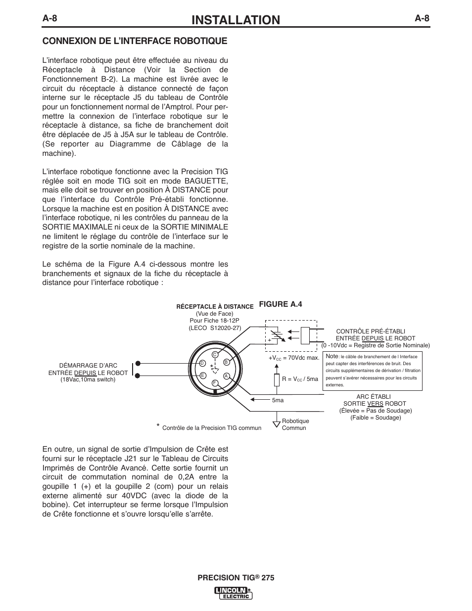 Installation, A-8 connexion de lʼinterface robotique | Lincoln Electric IM897 PRECISION TIG 275 User Manual | Page 15 / 48