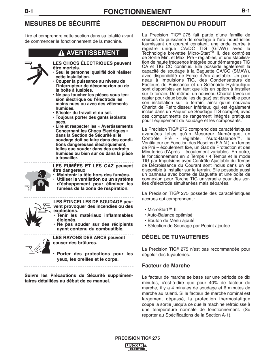Fonctionnement, Description du produit, Mesures de sécurité | Avertissement | Lincoln Electric IM897 PRECISION TIG 275 User Manual | Page 16 / 48